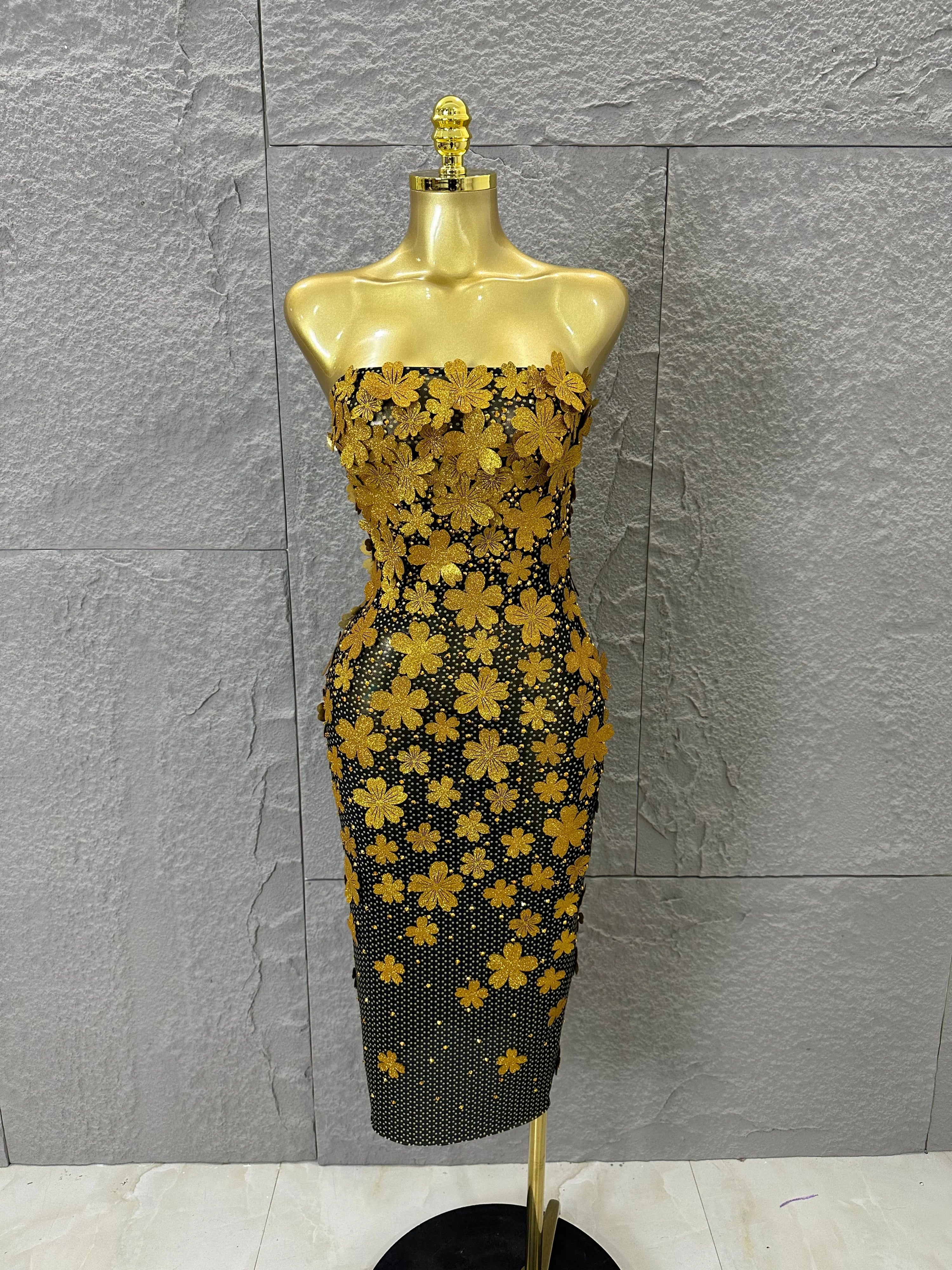 Sparkly Women Sexy Strapless Slim-fit 3D Flower Evening Gala Party Nightclub Cocktail Party Stage Performance Costume Gold
