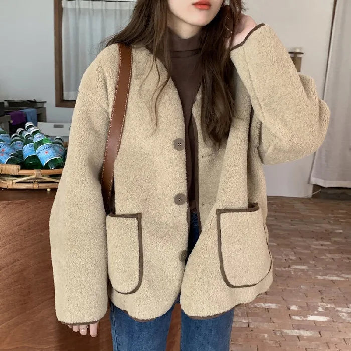 Women Autumn Winter Warm Teddy Coat Berber Fleece Round Collar Short Jacket Plush Outerwear Female Fashion Streetwear Clothes Khaki
