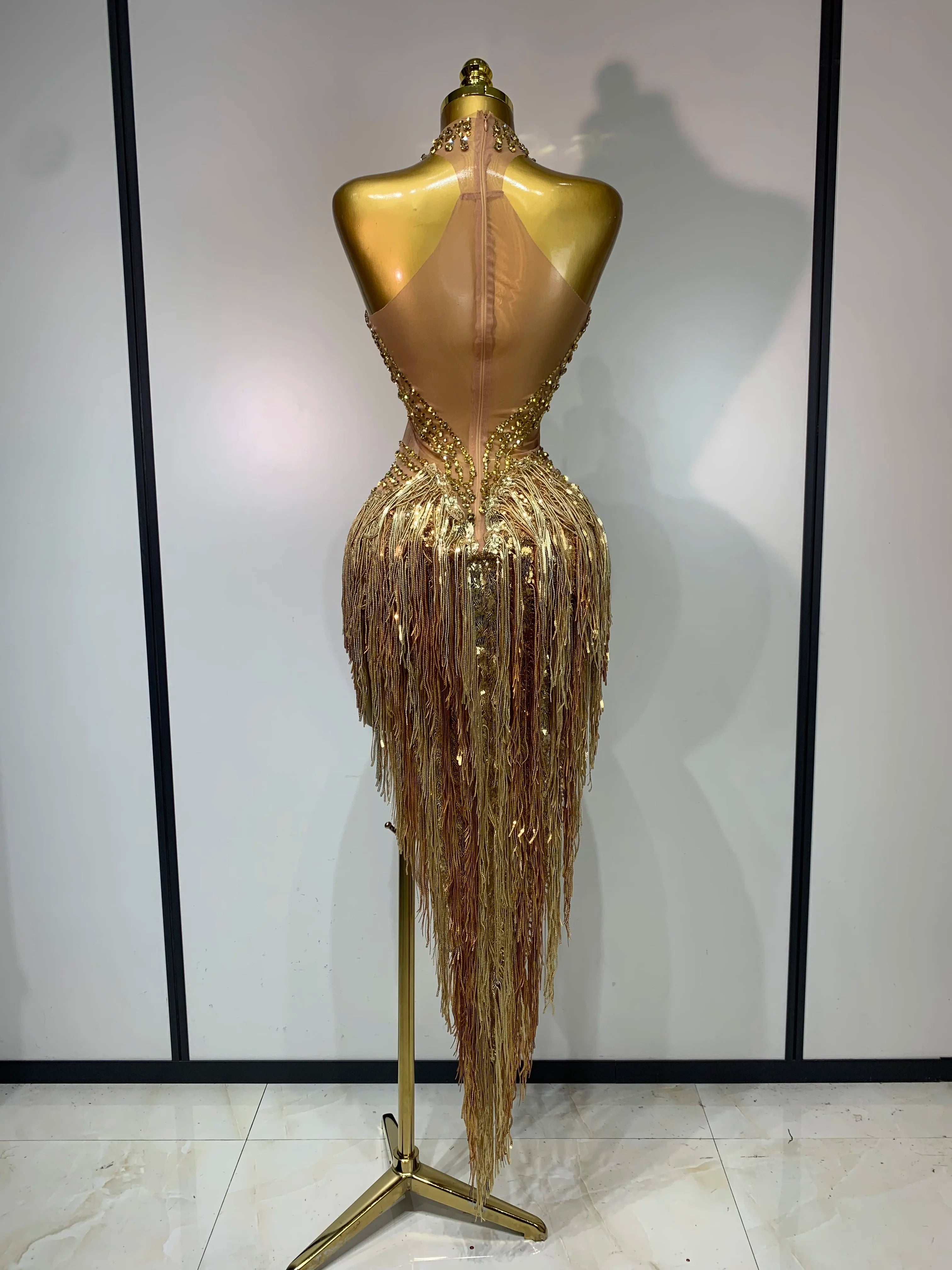 Women Sparkly Rhinestones Pearls Tassel Sexy Mesh See Through Dress Latin Dance Outfits Bar Nightclub Party Stage Costume