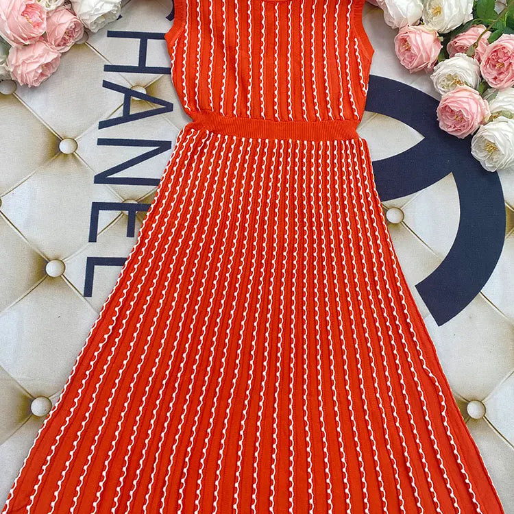 2024 New Listing Elegant Striped Knit Dress Women O-neck Sleeveless A-line Dresses Club Evening Party Midi Vestido as photo
