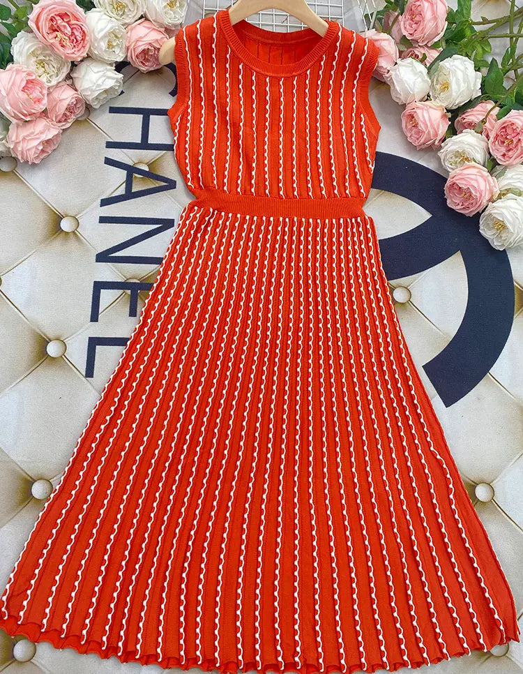 2024 New Listing Elegant Striped Knit Dress Women O-neck Sleeveless A-line Dresses Club Evening Party Midi Vestido as photo
