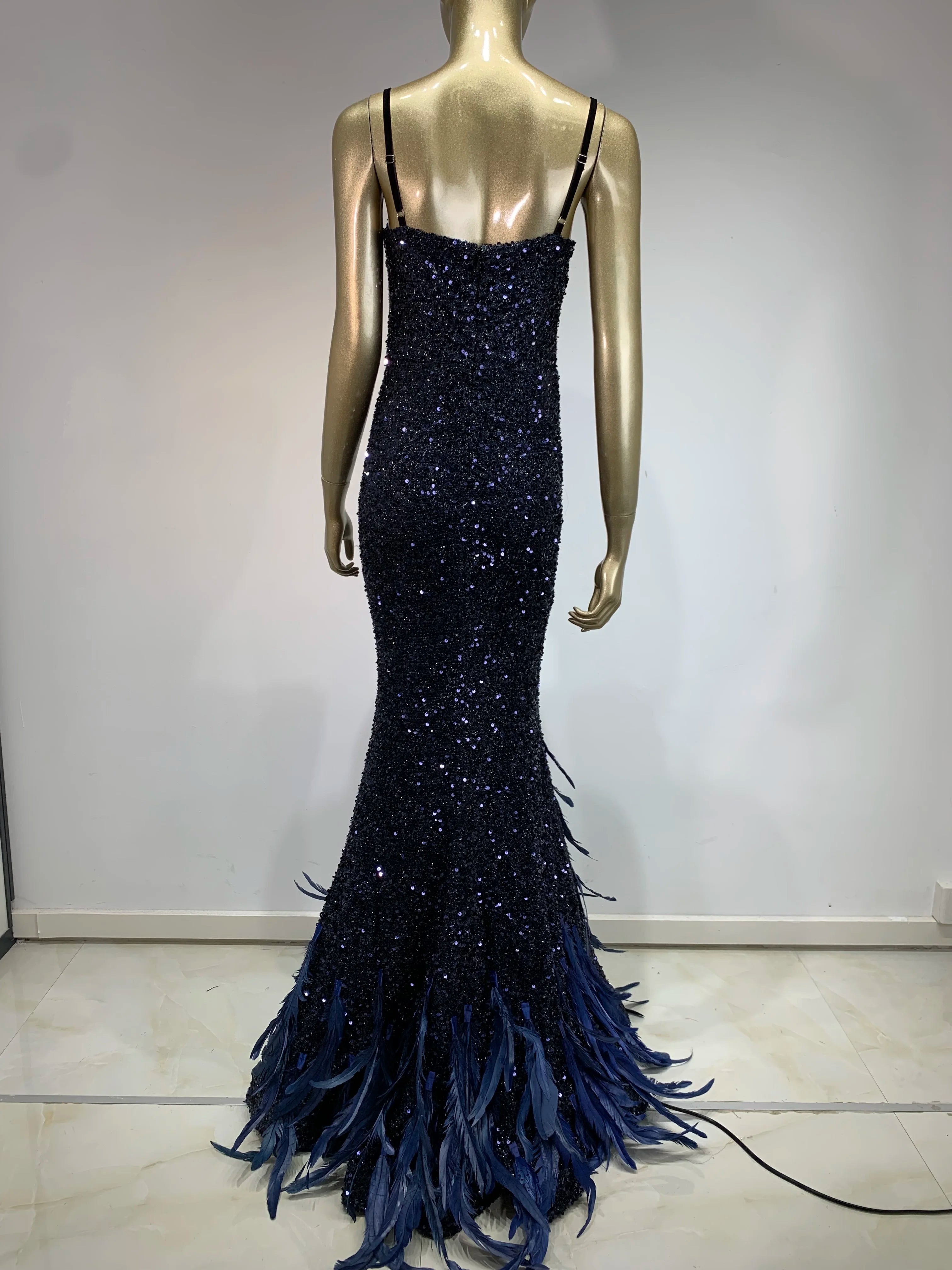 Women Summer Sexy V Neck Mesh Sequins Blue Feather Maxi Long Dress 2024 Elegant Party Evening Stage Performance Dress Vestido