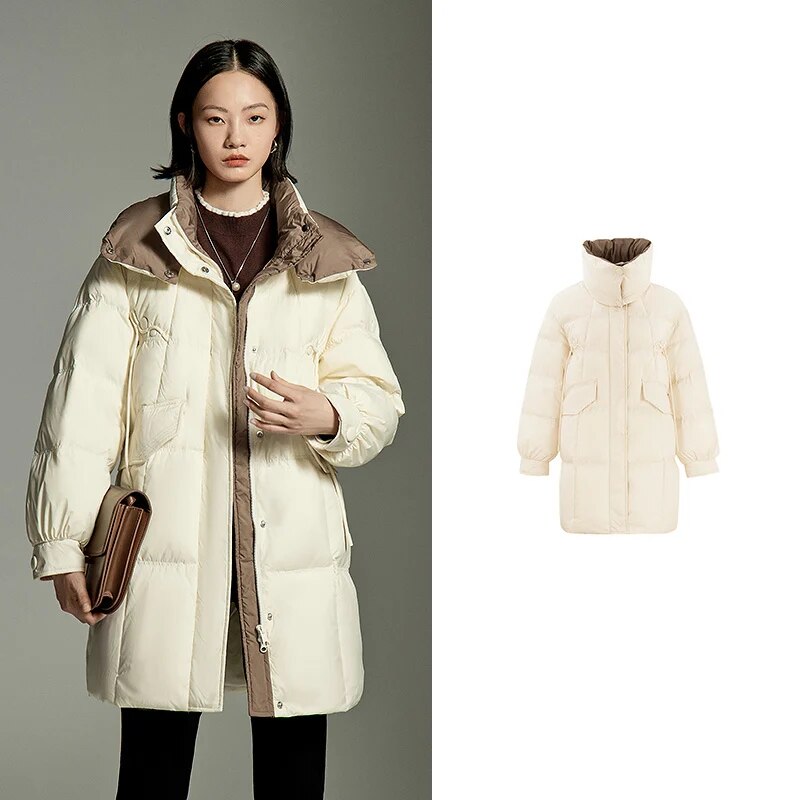 Toyouth Women White Duck Down Jacket 2024 Winter Long Sleeve Double Layered Standing Collar Loose Thick Coat Chic Warm Overcoat Beige