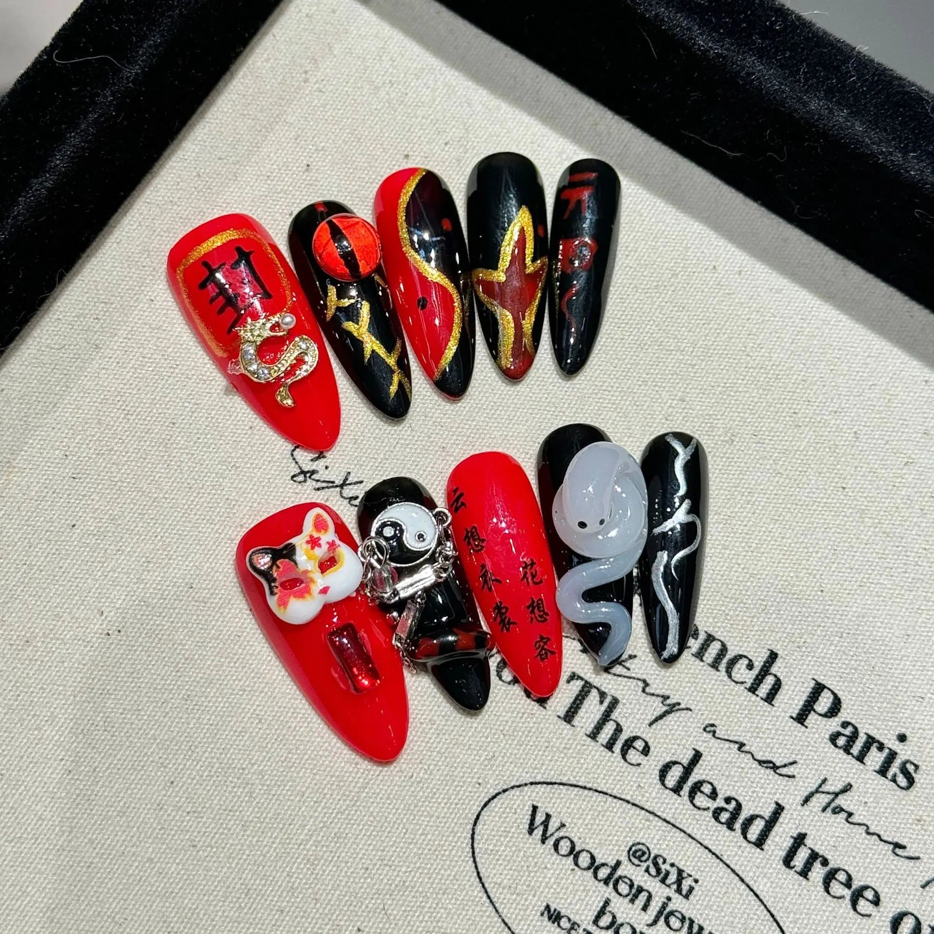 10pcs Y2k Long Stiletto False Nail Tips Gradient Black Metal Heart Cross Decor Handmade Press On Nails Sweet Cool DIY Manicure