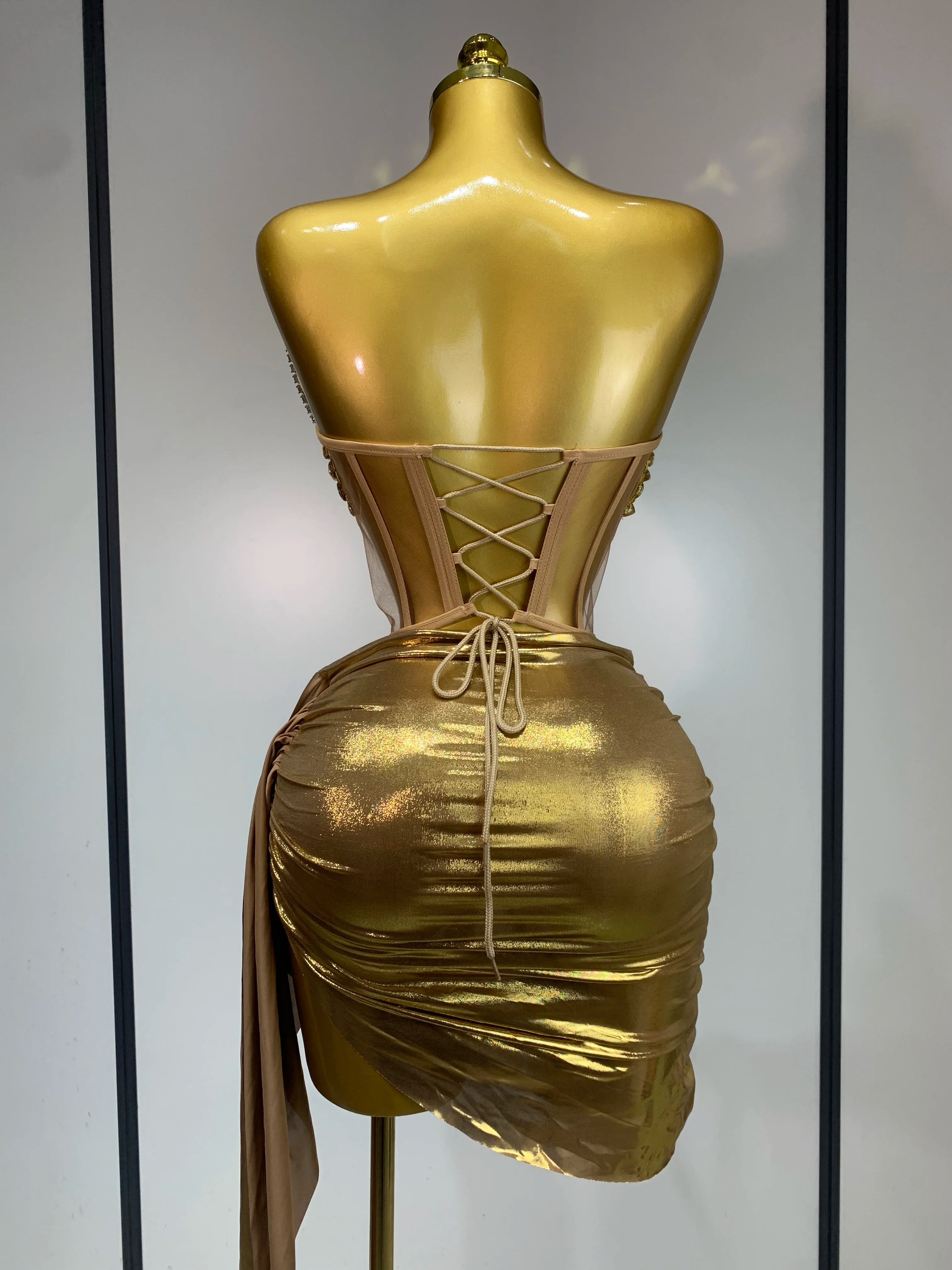 2025 Sparkly Gold Sequin Sexy Top Two Pieces Set Women Celebrate Party Birthday NightClub Performance Dancer Show Stage Outfit