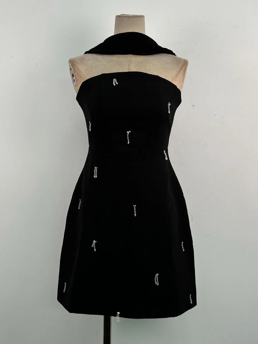 Solid Slimming Spliced Bead Elegant Dresses for Women Strapless Sleeveless Temperament Mini Dress Female Fashion BLACK