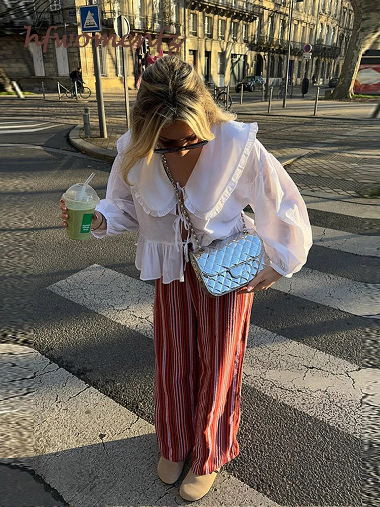 Chic Lace Up Pleated Women Shirts Blouses Lantern Sleeve White Female Streetwear Loose Spring Summer Lapel Elegant Lady Top