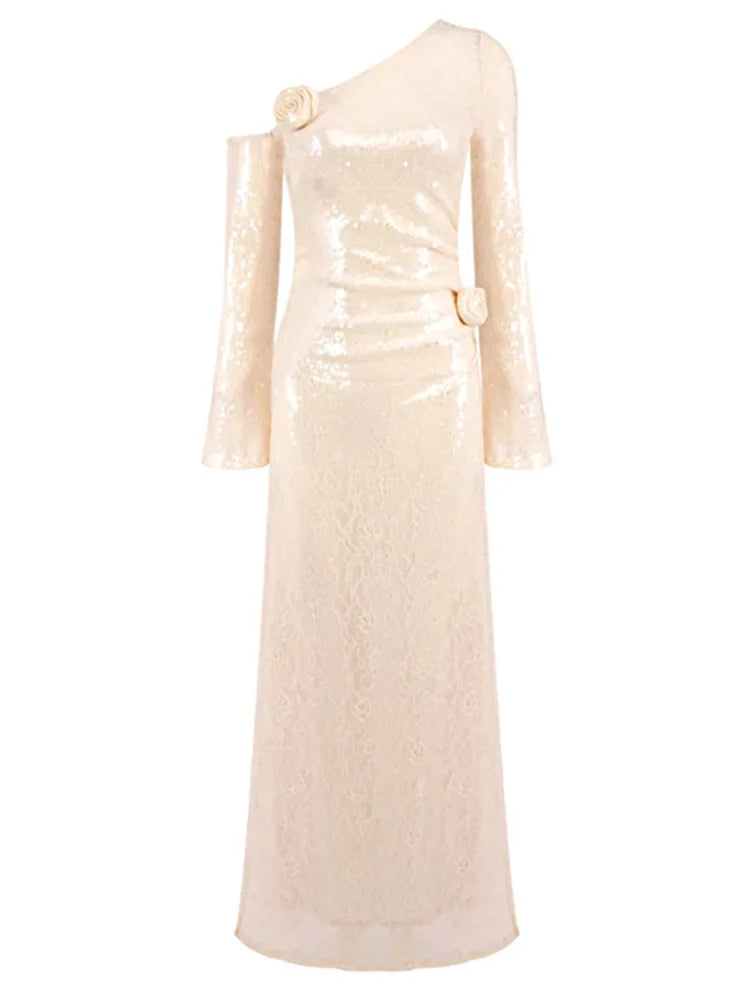 Chic Luxury Women Celebrity Sexy One Shoulder Beige Mesh Sequins Maxi Long Gowns Dress 2025 Elegant Evening Party Club Vestido