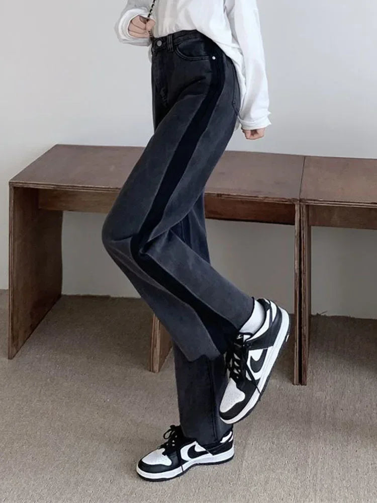 Korean Ankle Length New Hight Waist Side Stripe Straight Jeans Woman Baggy Big Size 5xl Wide Leg Denim Pants Spring