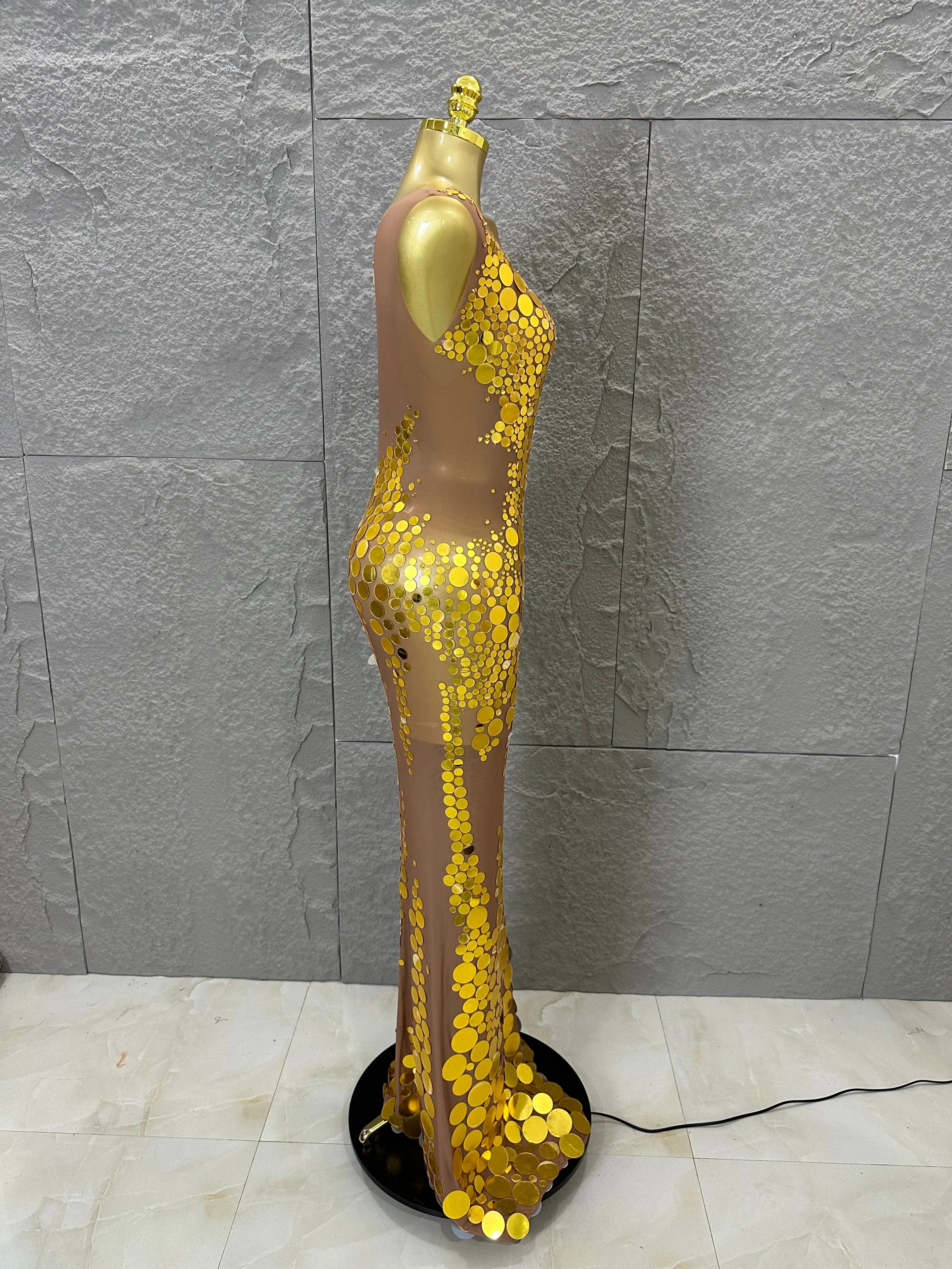 Opulent Nude Sleeveless Women Gold Sequin Dot Embellished Bodycon Stage Performance Costume Formal Event Party Costume