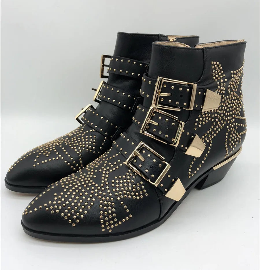 Women's Ankle Boots Rivet Flower Susanna Studded Cowboy Boots Genuine Leather Luxury Shoes Ladies Botines Mujer black leather Gold