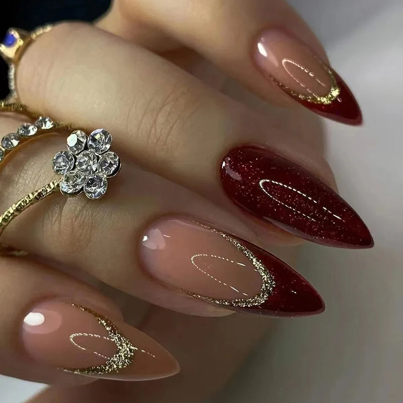 24Pcs Mid-length Stiletto Nails Art with Glue Wearable Almond Press on False Nails Black Cat's Eye Design Manicure Fake Nail 464