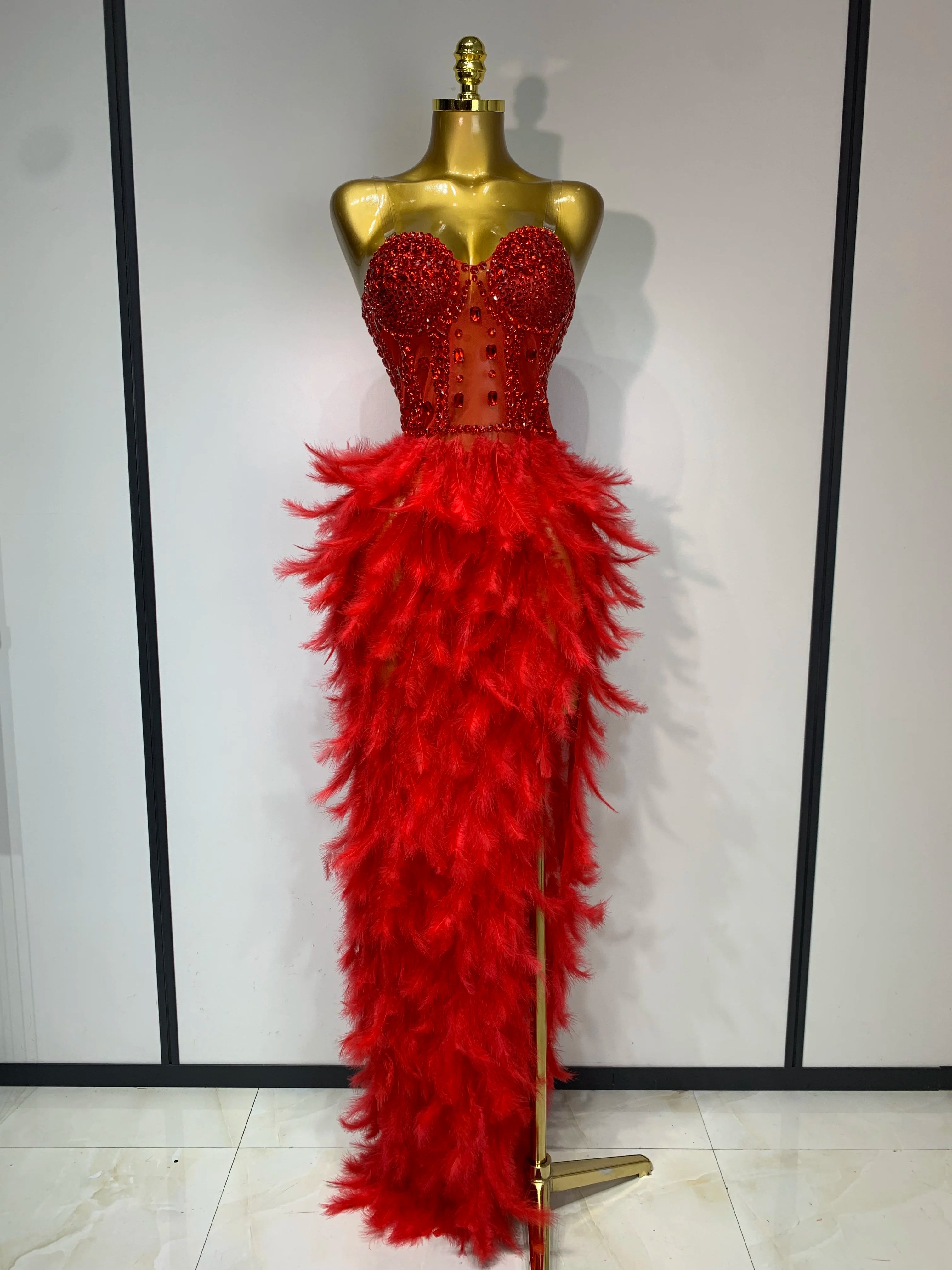 Women Sexy Sparkly Rhinestone Feather Mesh Long Dress Elegant Evening Party Celebrate Luxury Birthday Singer Stage Costume Red