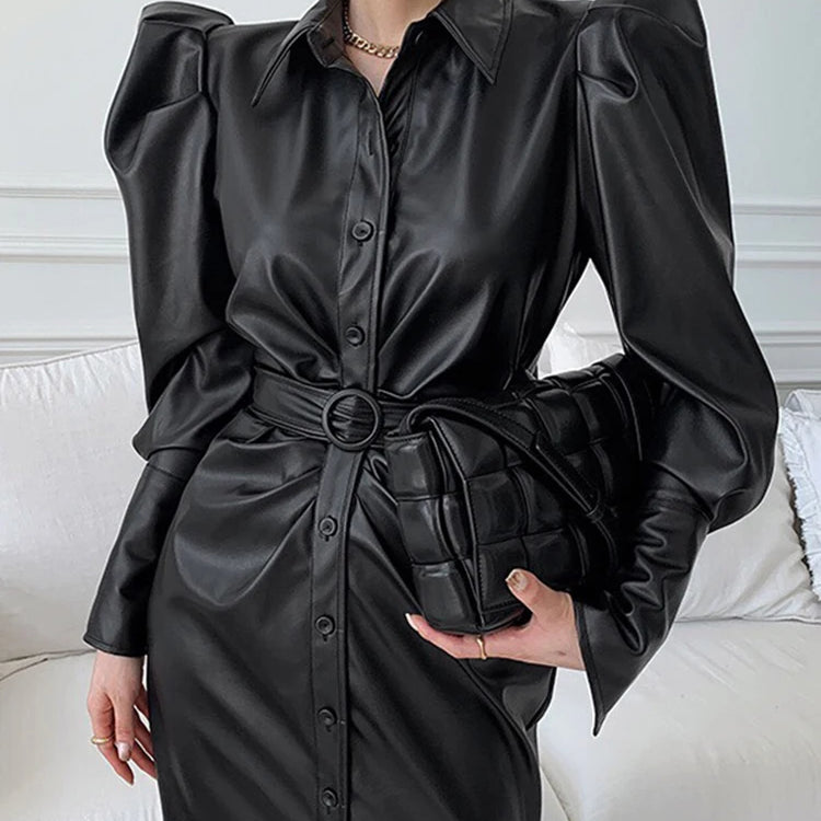 Lautaro Spring Autumn Long Fitted Soft Black Stretchy Pu Leather Shirt Dress Women Puff Sleeve Elegant Luxury Designer Clothes Black