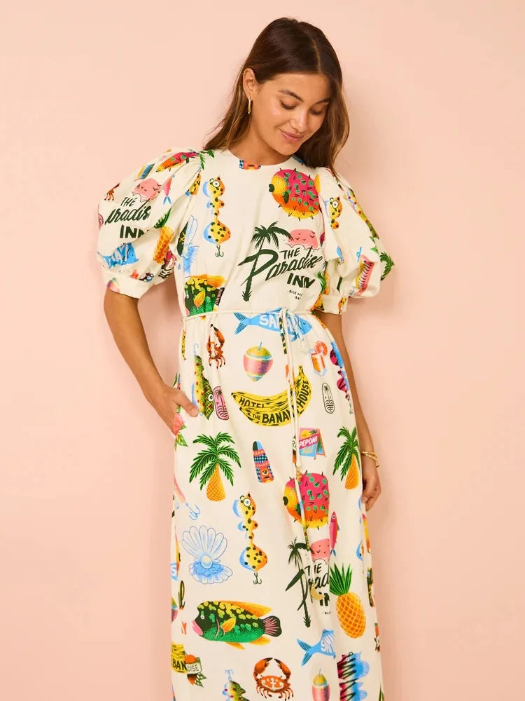 Women Hawaii Holiday Print Long Dress Short Sleeve Sashes Empire Waist Loose Vintage Retro Ladies Summer Beach Drsses NEW