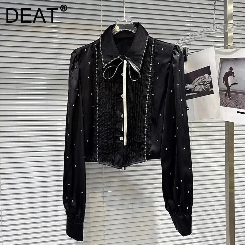 Winter New Fashion Lace-up Bowknot Rhinestone Heavy Industry Long-sleeve Shirt For Women Versatile Blouse 11A07822