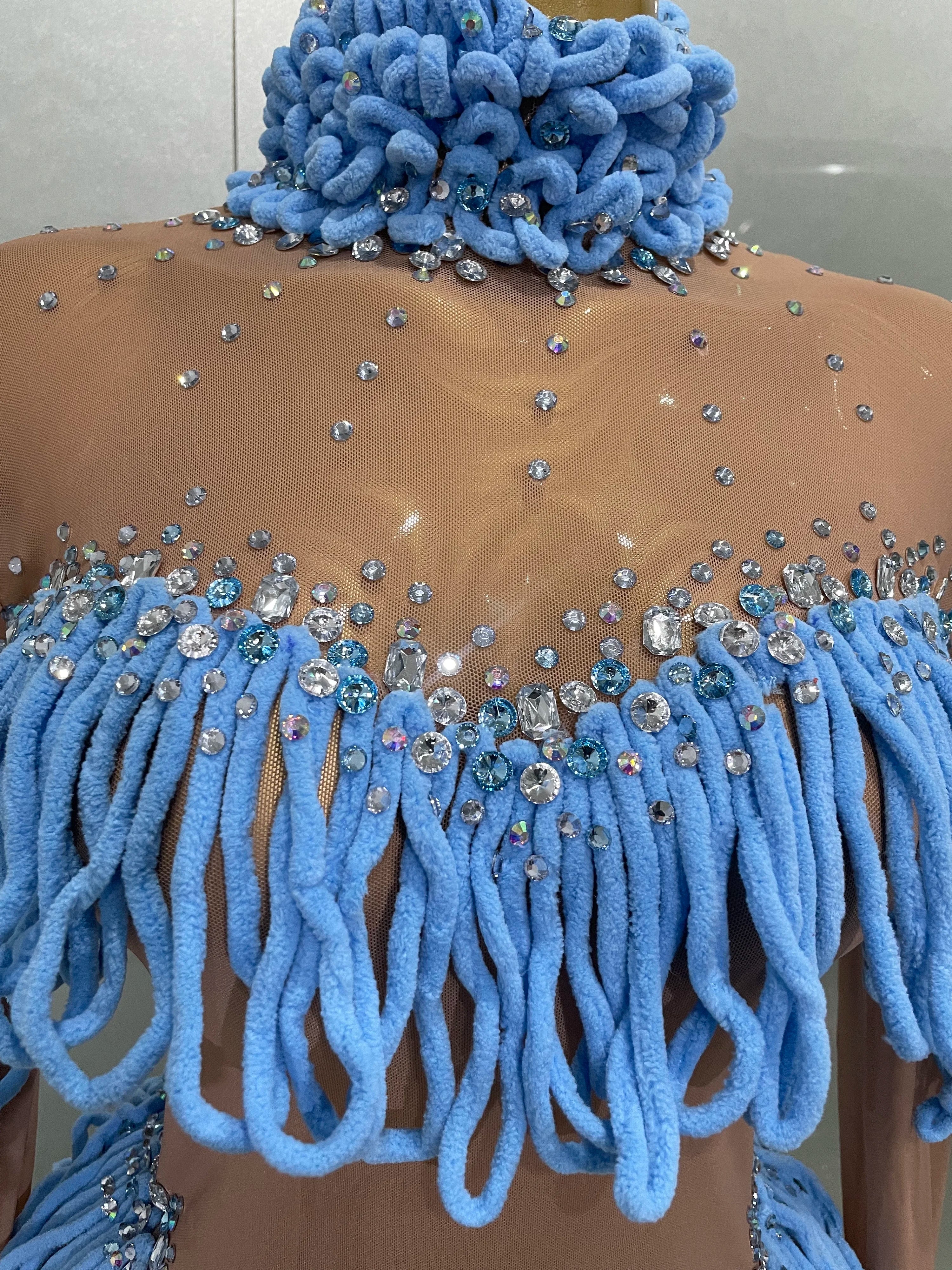 2025 New Women Shining Rhinestones Sexy Mesh Tassels Bodysuit Birthday Party Club Performance Dance DJ Leotard Show Stage Wear