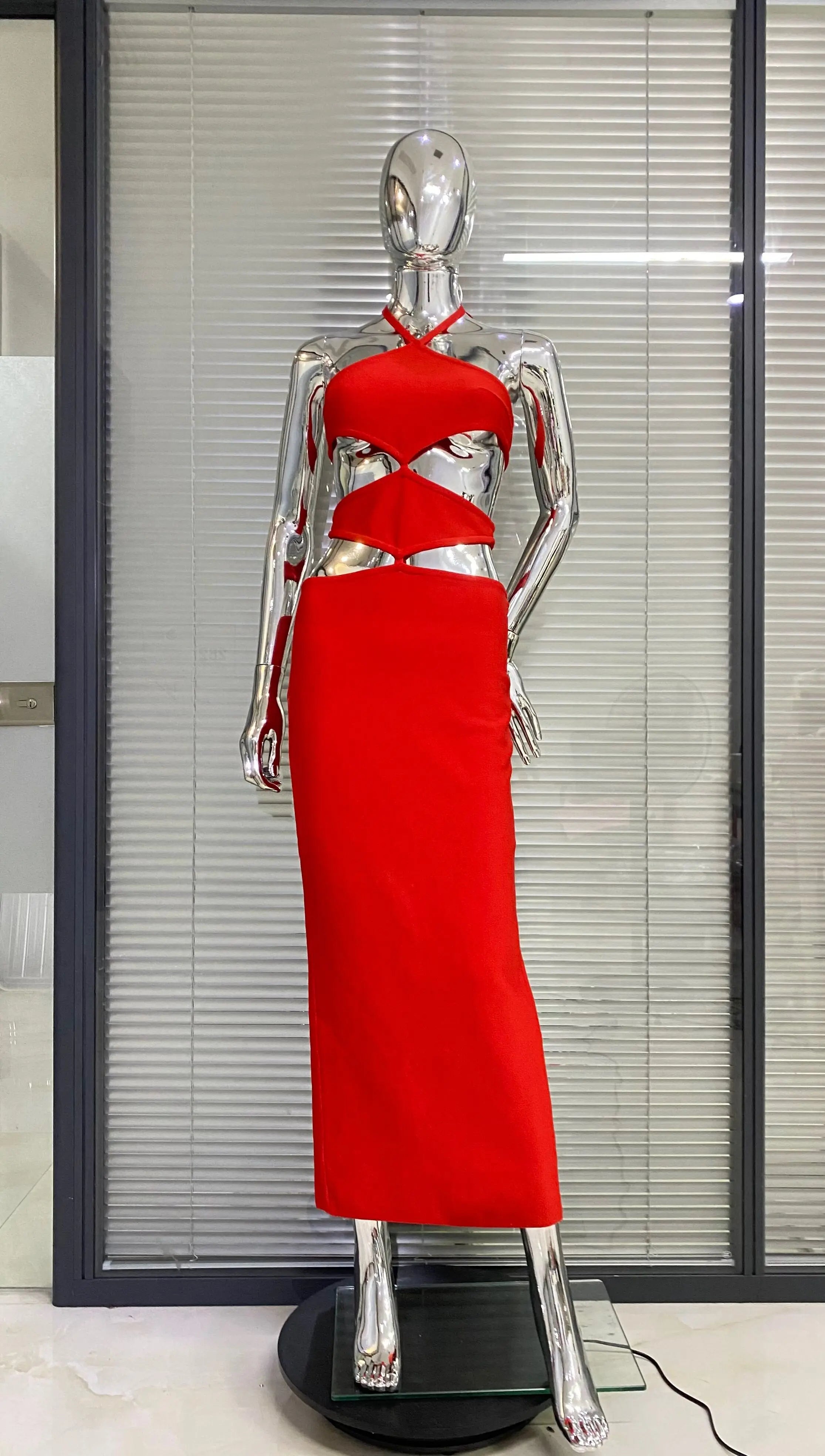 Sexy Hollow Out Sleeveless Halter Bodycon Red Long Bandage Dress Fashion's Sexy Woman Vocation Dress Summer Beach Party Vestido Red