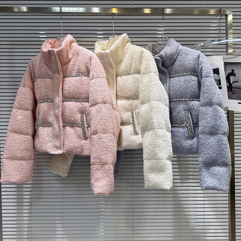 Winter New Sweet Fashion Rhinestone Beaded Edge Thick Tweed Stand Collar Warm Jacket For Women Cotton Coat 11A07587