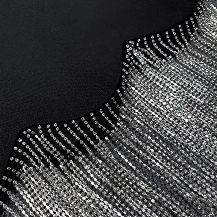 Sexy Women's Light Luxury Diamond Tassel Skirt Set with Flip Collar Long Sleeve Ultra Short Suit Coat+Mini Skirt Two Piece Set