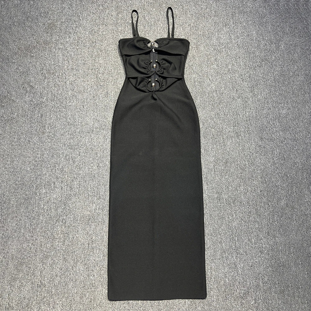 2024 Summer Beach Holiday Dress For Women Sexy Spaghetti Strap Hollow Out Metal Circle Design Bandage Tight Long Dress black