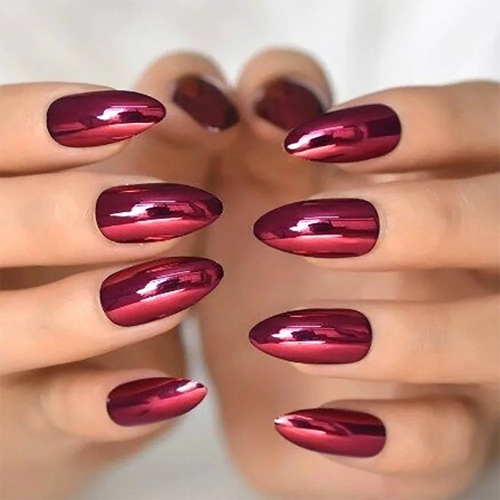 24pc/set Medium almond fake nails metallic mirror red black purple blue golden tips faux ongles y2k press on acylic false nail red
