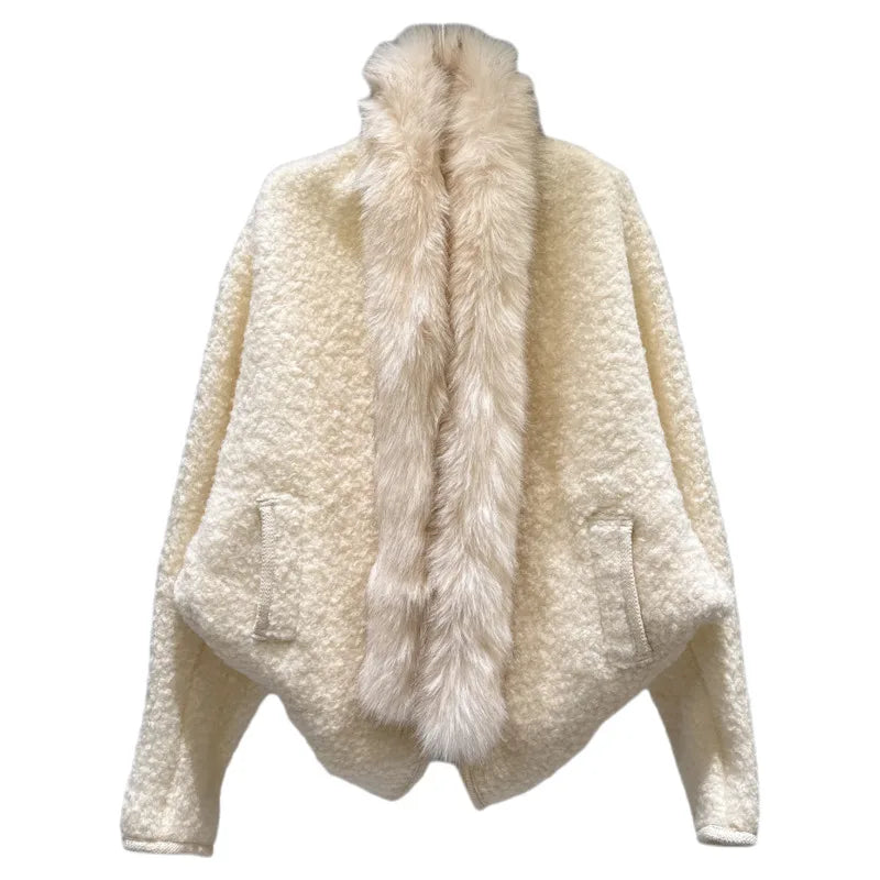 Winter New Lazy Style Furry Edge Fleece Loose Batwing Shawl Short Coat For Women Jacket Female 11A07763