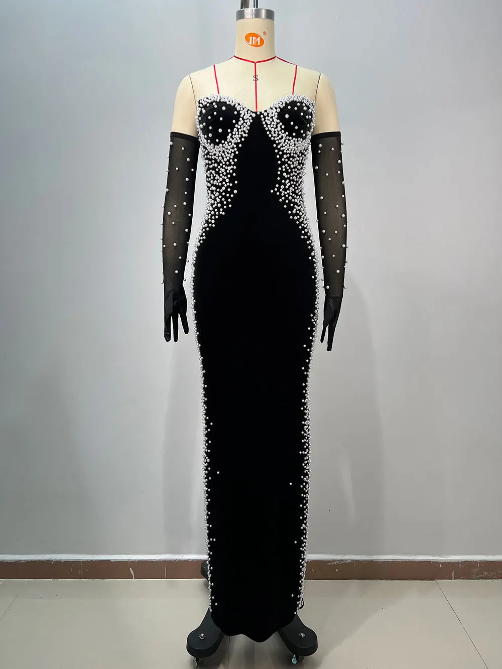 2025 Women Light Luxury Beaded Velvet Dress+Thin Gauntlet Gloves Fashion Bodycon Bareback Sexy Long Dress Evening Party Vestidos black