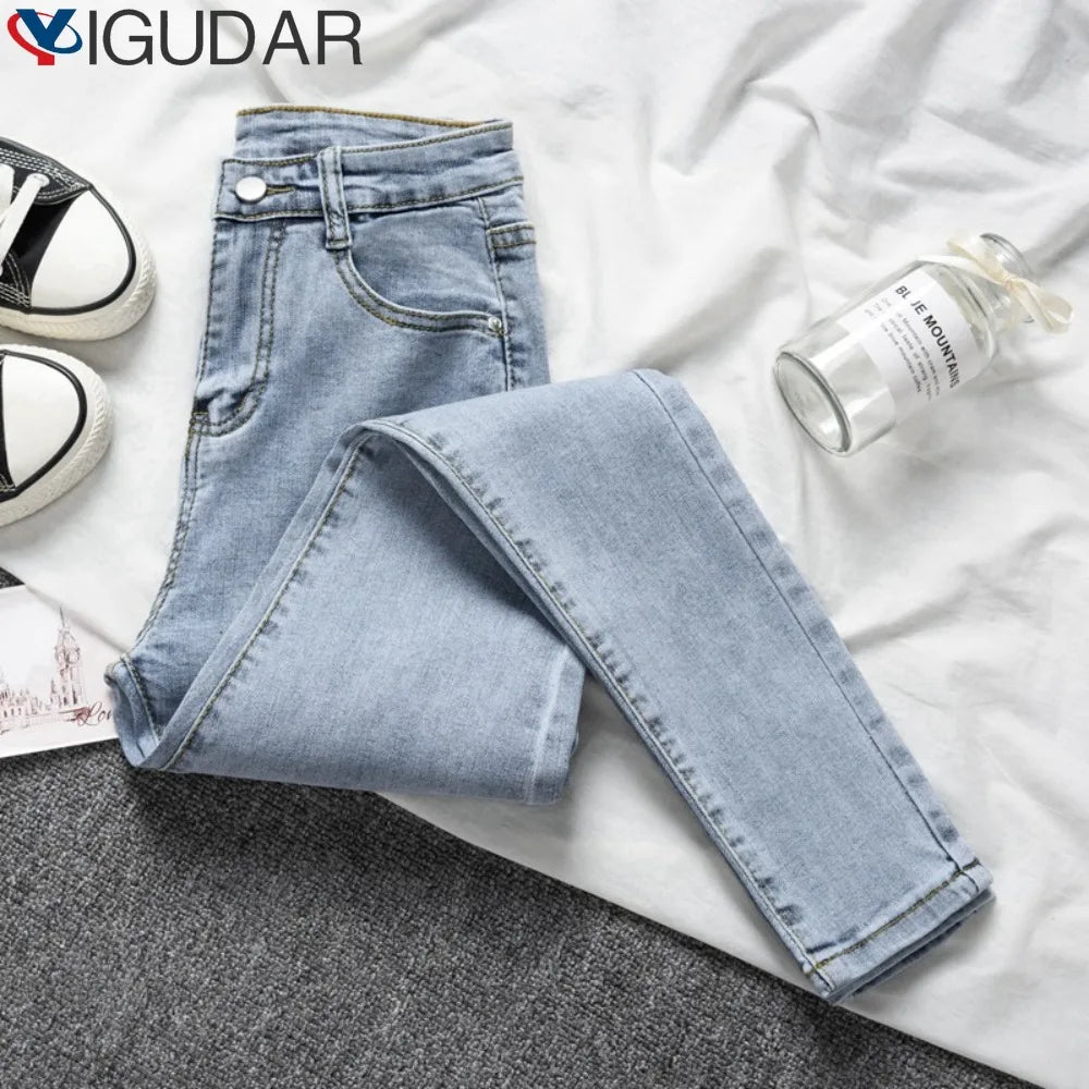 New Vintag Women High-rise Jeans Simple Solid Color Fashion Slim Pencil Pants All-match Skinny Elasticity Denim Trousers