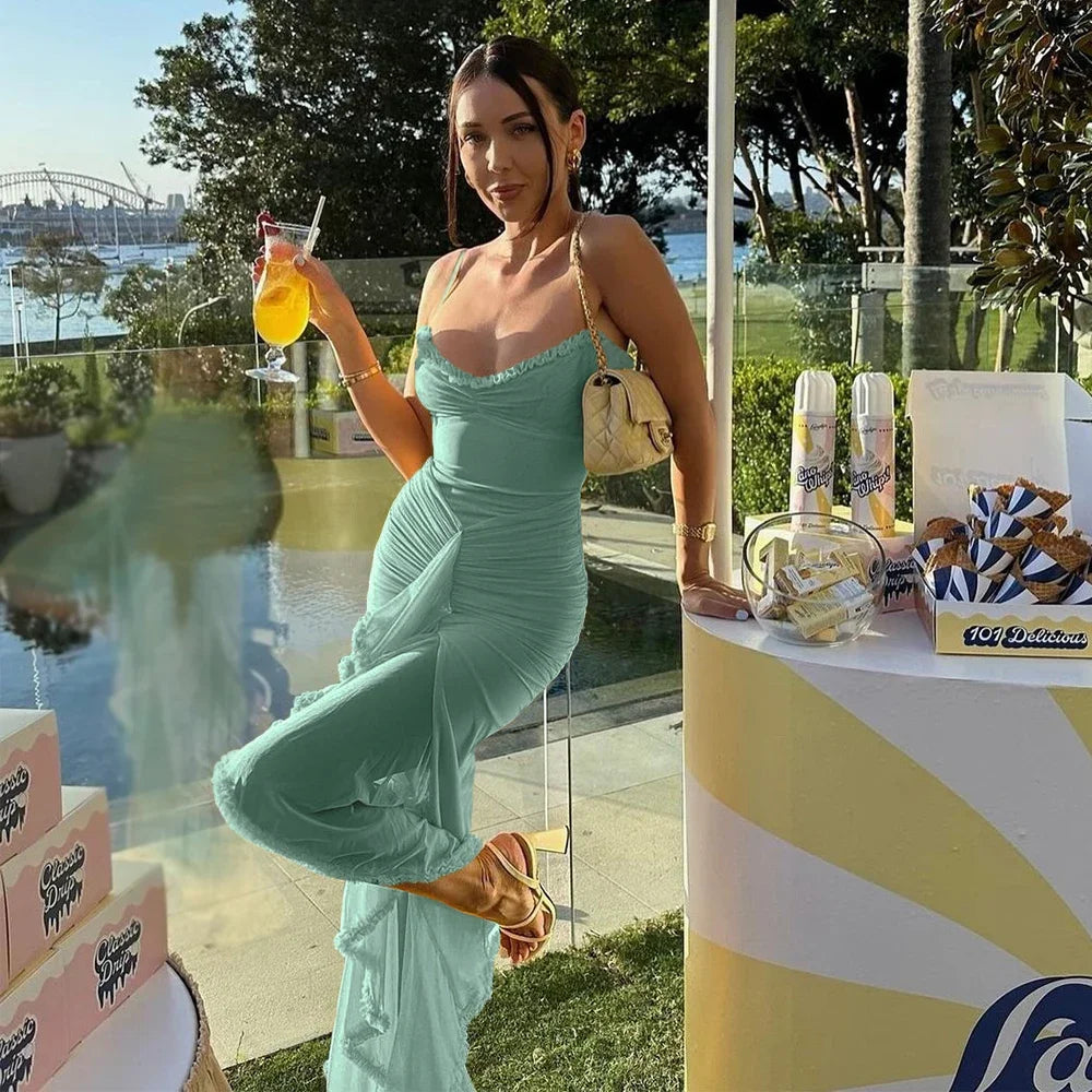 Suninheart Irregular Mesh Party Dresses 2024 New Arrivals Spaghetti Strap Bodycon Dress Fashion Ruched Long Dress Women green