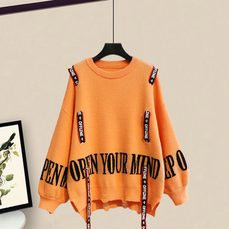 Winter New Ribbon Knitting Sweater Pullover Casual Overalls Two-piece Elegant Women's Pants Set Tracksuit Fall Outfits Women orange sweater