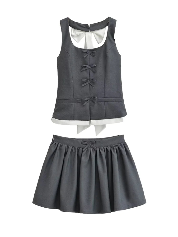 Aonibeier Bow Patchwork Women Halter Crop Top Suits Traf Summer Low Collar Slim Sleeveless Female Tanks Mini Skirt Sets Y2K G