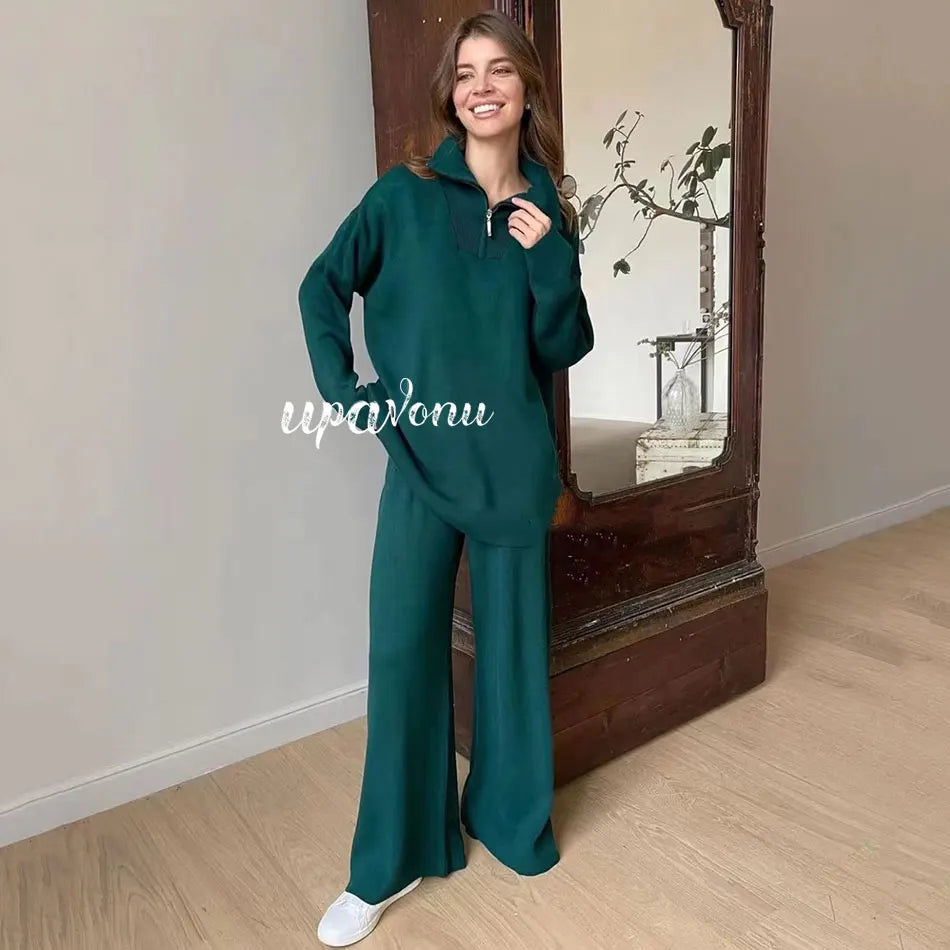 2024 Casual Autumn Loose Knit Sweater Set Fashion Zip Lapel Long Sleeve Pullover Sweater & Straight Pants Two-piece Set as photo