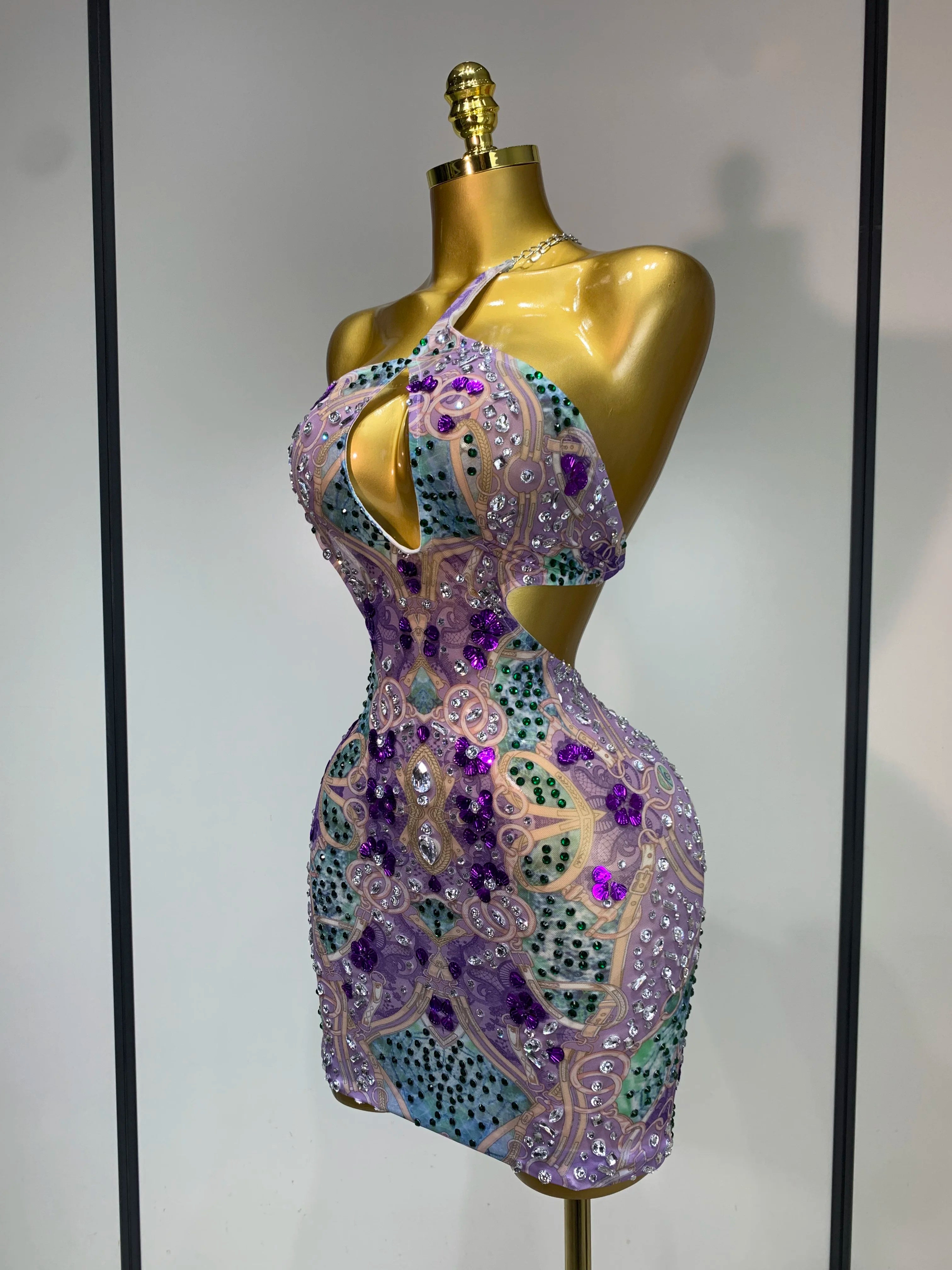 Sprakly Rhinestones Women Sexy Mesh See Through Hollow Out Mini Dress Luxury Birthday Birthday Photo Shoot Performance Costume