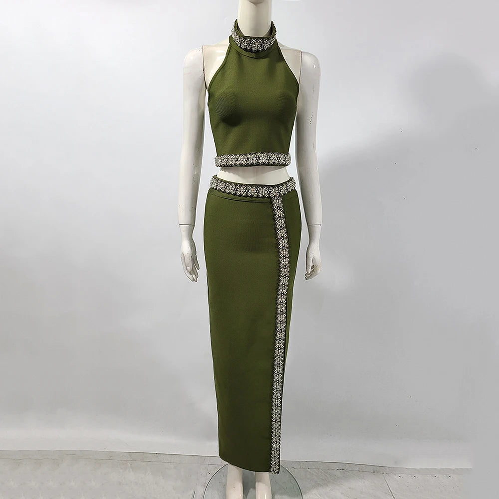 2025 Black Army Green Bandage Two Pieces Sets Sexy Diamond Bead Halter Top Long Skirt Women Bodycon Clothing Elegant Party Sets army green