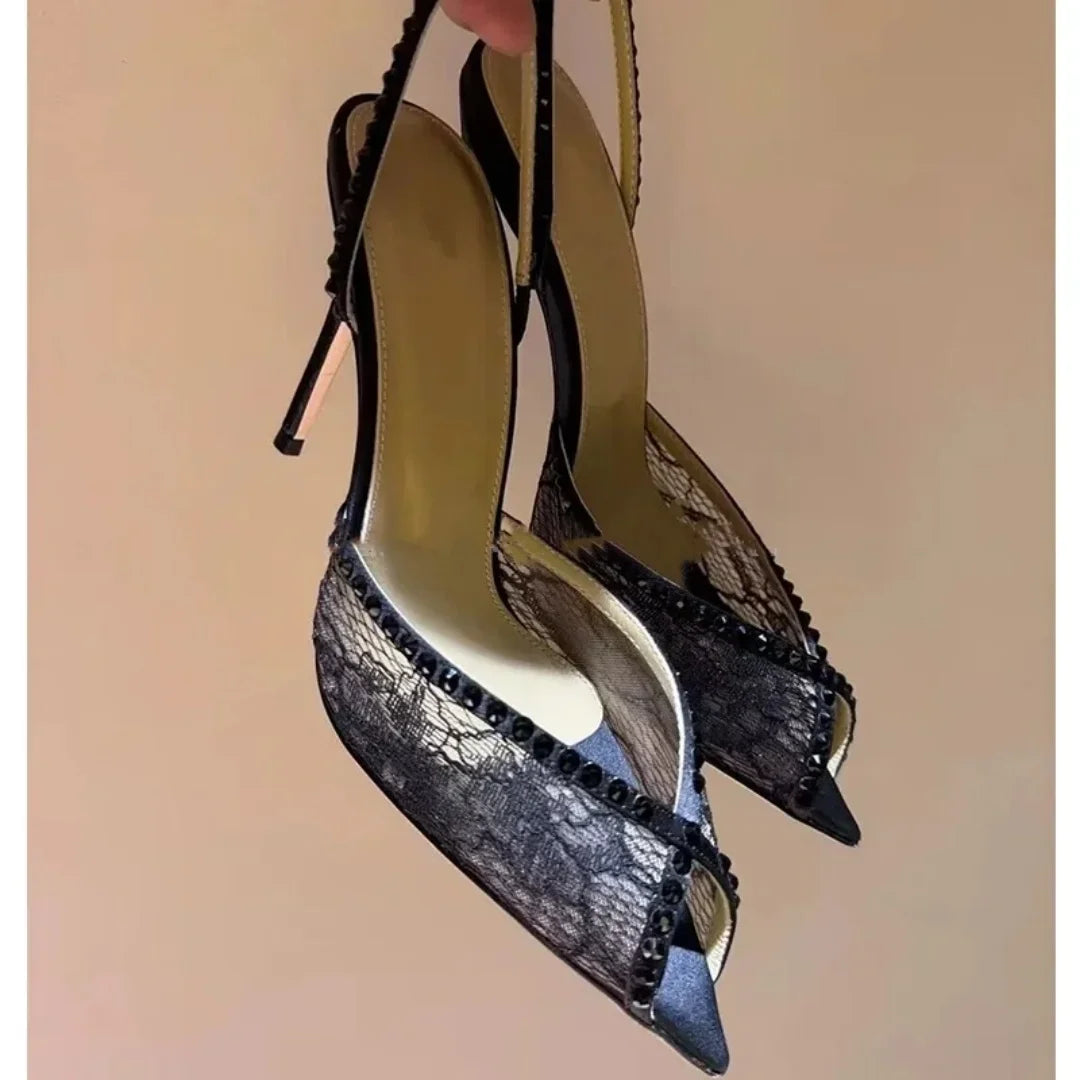 Blue Lace Rhinestone Women Sandals Pointed Toe Stiletto Embroidered High Heel Back Strap New Slip On Pull On Narrow Band Shoes as picture 1