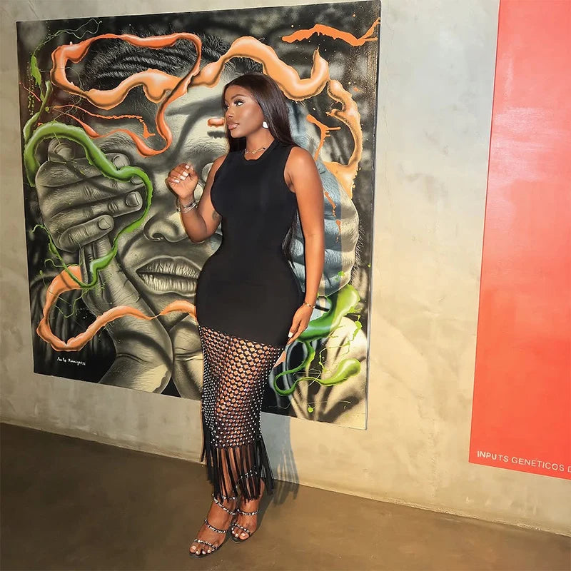 Women Sleeveless Sexy Shinning Rhinestones Tassels Bodycon Long Bandage Dress Nightclub Party Bar Singer Celebrate Stage Wear