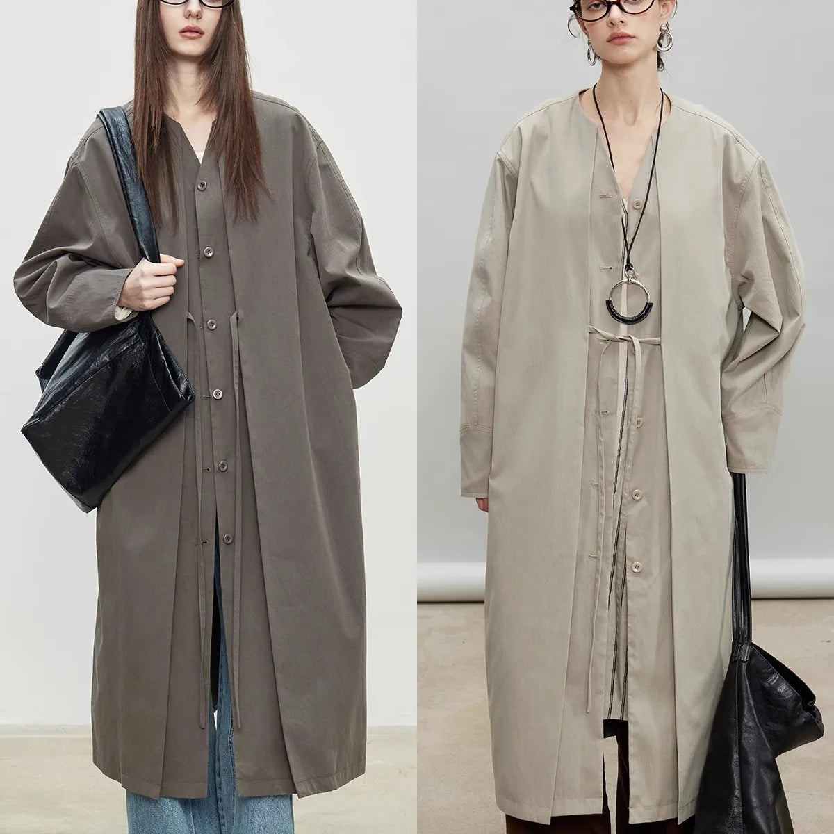 Lautaro Spring Autumn Oversized Long Flowy Soft Trench Coat for Women V Neck Elegant Luxury Designer Fake 2 Piece Clothes 2025