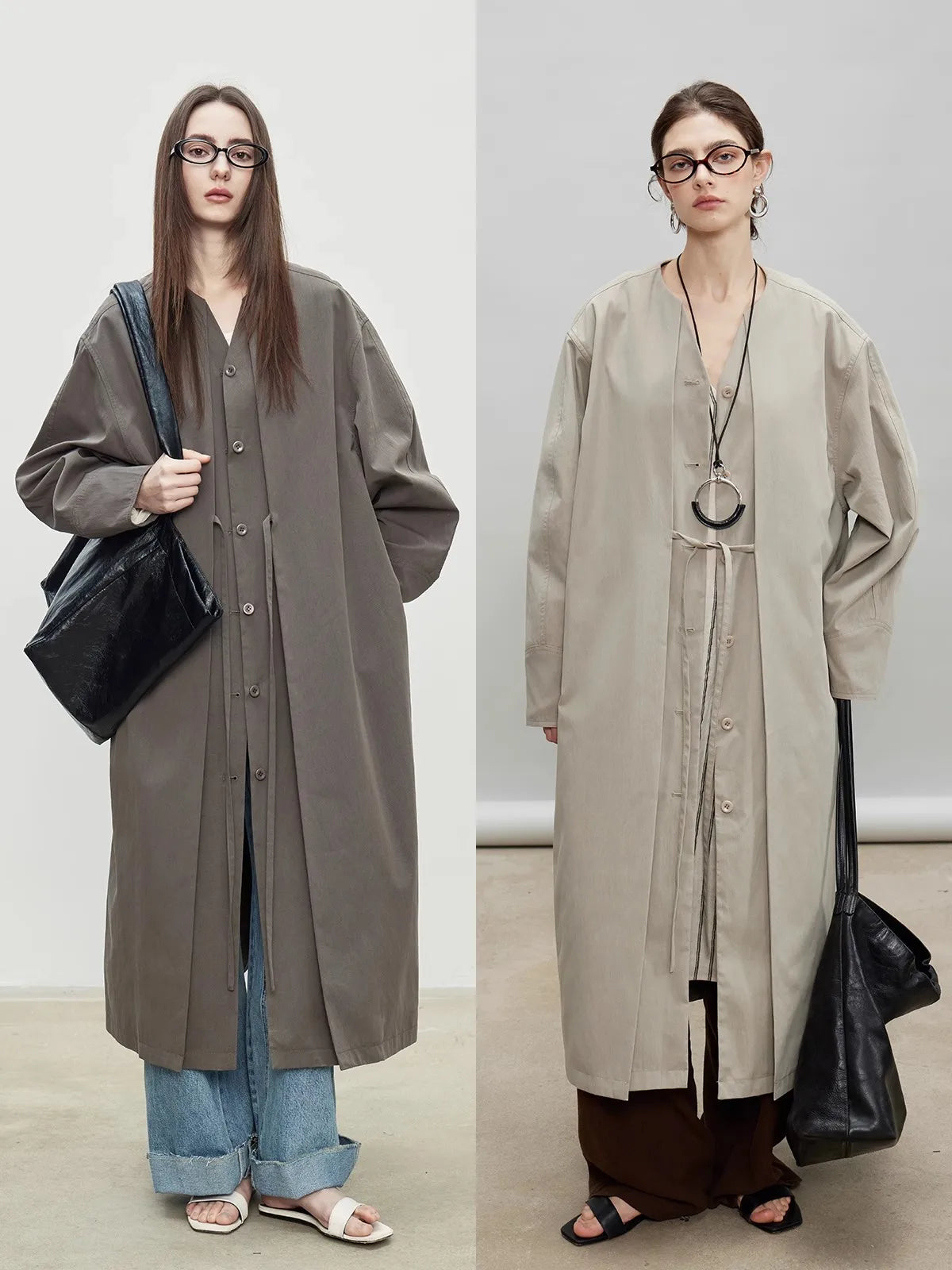 Lautaro Spring Autumn Oversized Long Flowy Soft Trench Coat for Women V Neck Elegant Luxury Designer Fake 2 Piece Clothes 2025