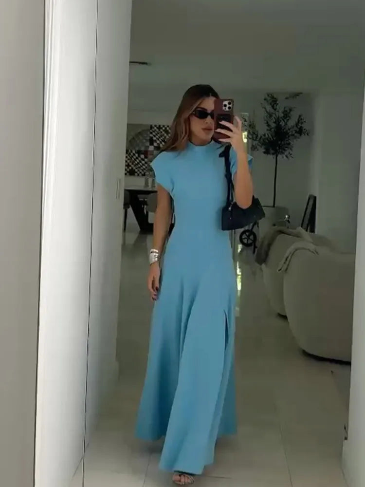 Chic Shoulder Pad Round Neck Solid Maxi Dress Women Elegant Sleeveless A-line Long Dresses 2024 Lady Fashion High Street Robes Blue