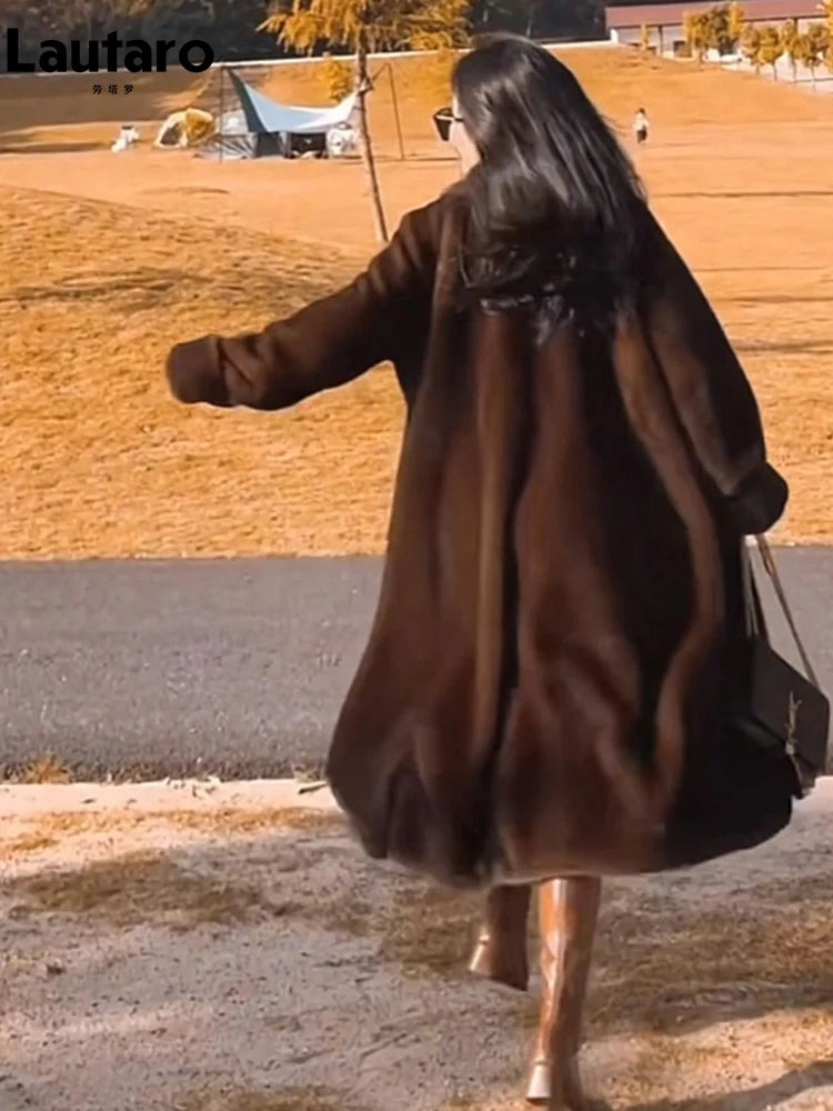 Lautaro Winter Long Oversized Warm Thick Fluffy Brown Soft Skirted Faux Mink Fur Coat Women Elegant Luxury Chic Furry Overcoat
