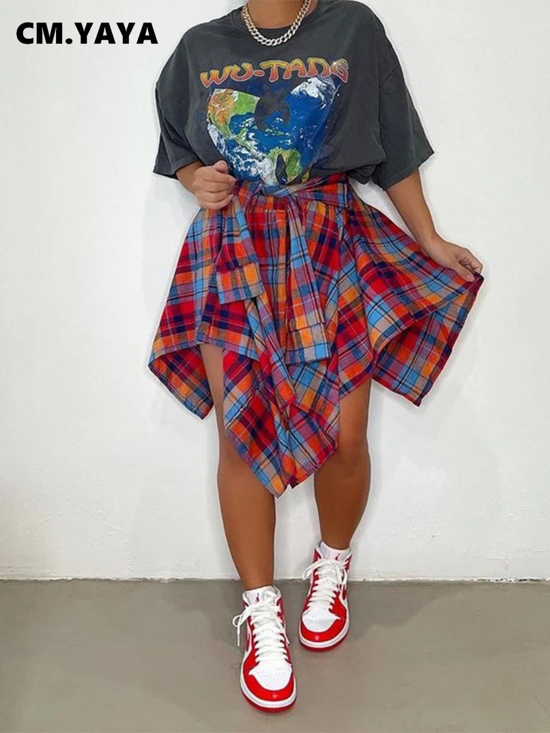 CM.YAYA Women Plaid Irregular High Waist Knee Length Skirts 2022 Summer Holiday Streetwear Sleeve Wrapped Lace Up Waist Skirt