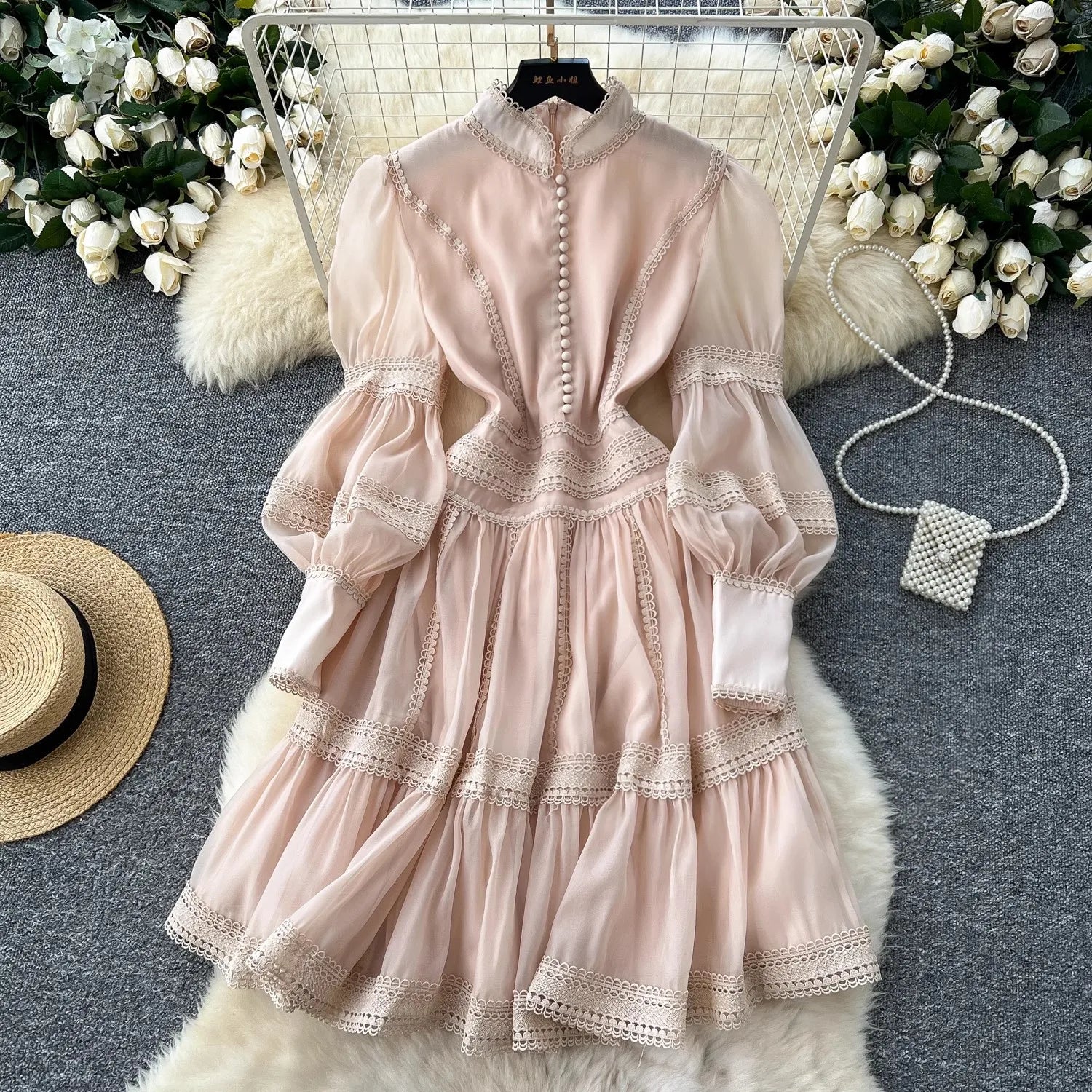 Autumn Elegant Hollow Out Embroidery Lace Splice Mini Dress Women's Stand Lantern Sleeve Buttons Evening Party Robe Vestidos apricot