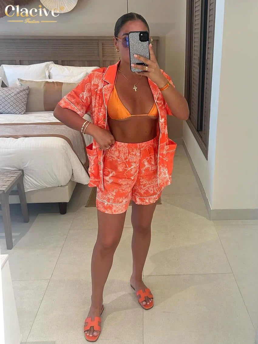 Clacive Fashion Loose Print 2 Piece Set Women Outfit Summer Short Sleeve Shirt With High Waist Shorts Set Female Streetwear