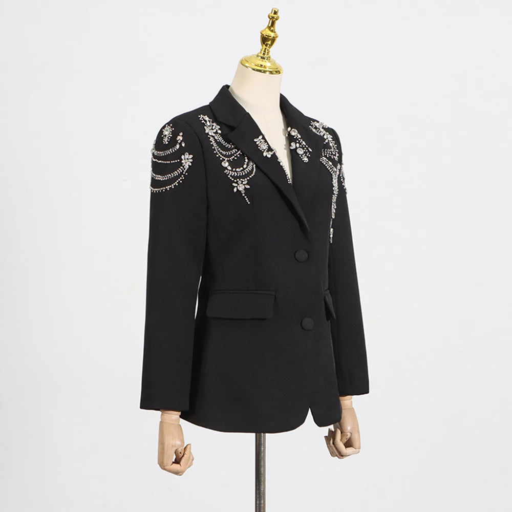 Solid Spliced Diamond Luxurious Jackets for Women Lapel Long Sleeve Patchwork Pocket Elegant Jacket Female Clothing