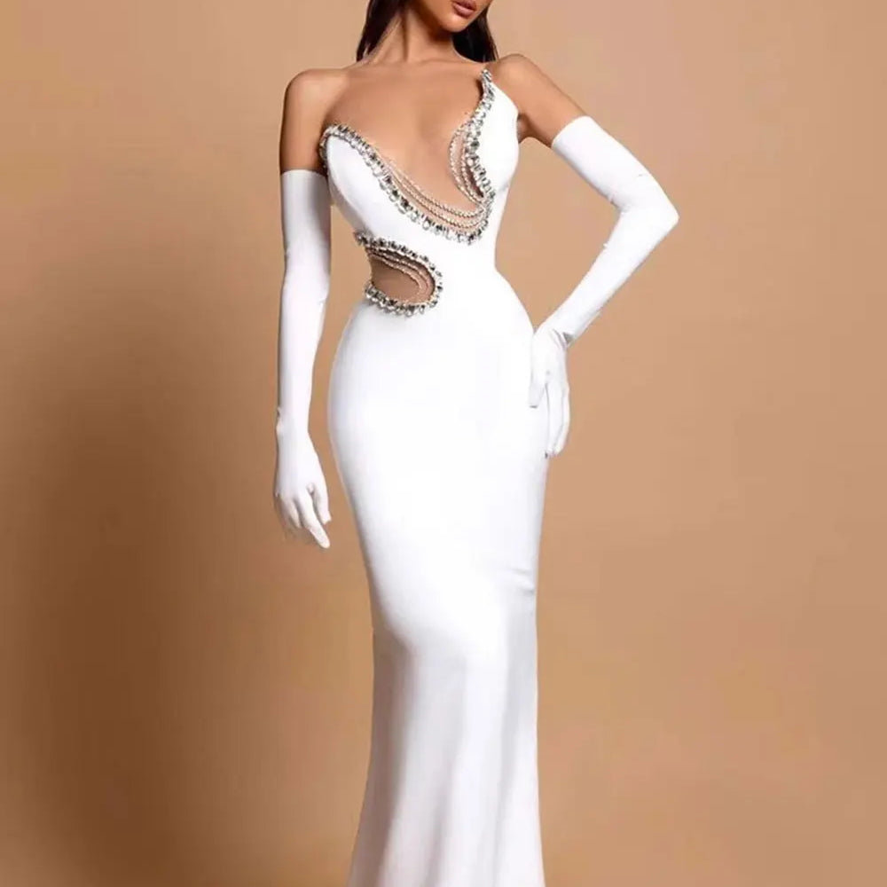 2025 Sexy Women'S Light Luxury Nail Bead Bandage Dress Strapless Sleeveless Patchwork Bodycon Backless Long Dress Party Vestidos