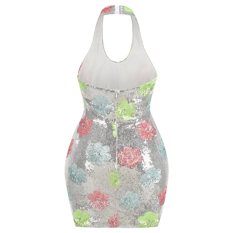 Colorful Shinning Sequins Women Sexy Halter Backless Bodycon Mini Dress Celebrate Nightclub Party Birthday Outfit Vestido