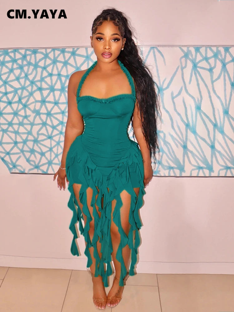 CM.YAYA Women Sleeveless Strapless Halter Long Dress Summer Streetwear Beach Tassel Evening Sexy Night Party Dresses Vestidos