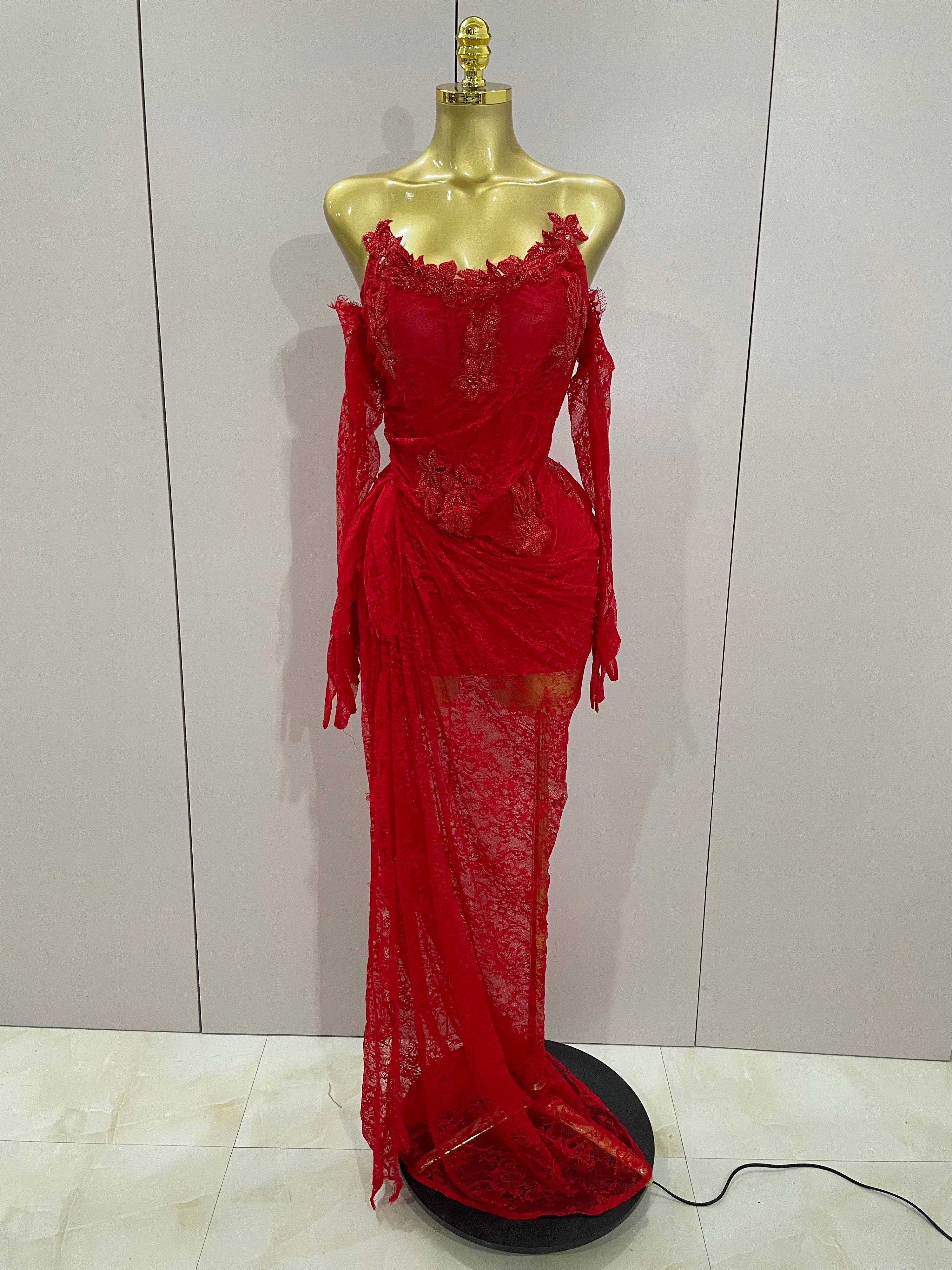 Women Sexy Strapless Backless Red Lace Split Maxi Long Bodycon Dress 2025 Celebrity Elegant Evening Club Birthday Party Outfit Red