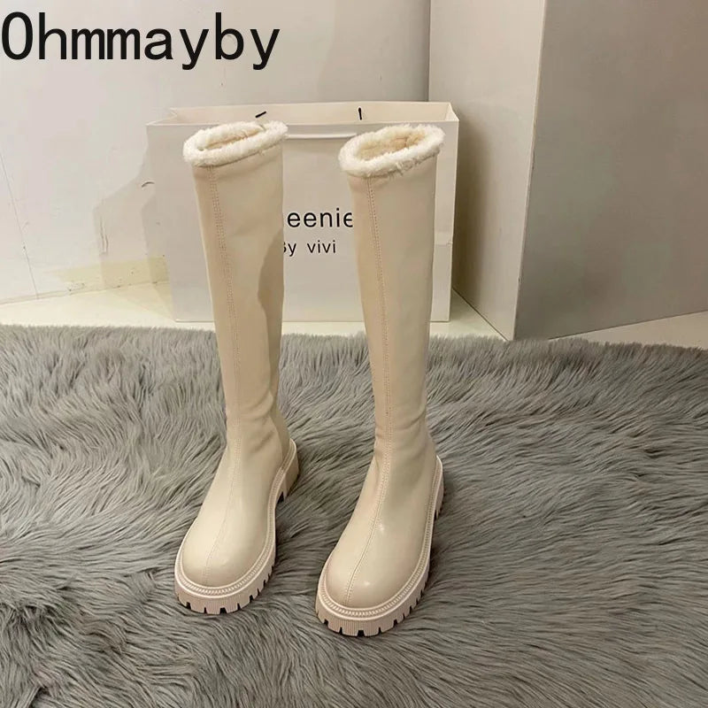 Winter Plush Women Knee High Boots Fashion Back Zippers Ladies Elegant Warm Cotton Long Booties Women's Footwear